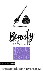 Contrast eyeliner stroke with text label: beauty salon. Fashion banner for makeup salon, beauty store. Promo background for makeup artist, beauty stylist, fashion blog. Cosmetic concept.