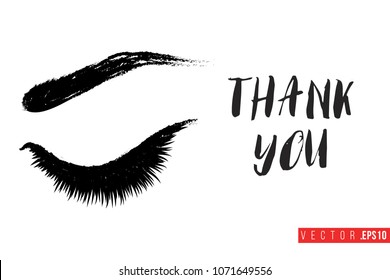 Contrast female closed eye with text label: thank you. Fashion banner for makeup salon, beauty store. Promo background for makeup artist, beauty stylist, fashion blog. Cosmetic concept.