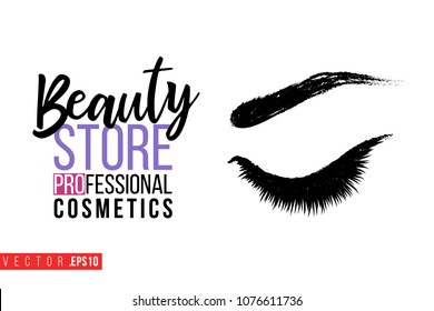 Contrast female closed eye with text label: beauty store professional cosmetics. Fashion banner for makeup salon, beauty store. Promo background for makeup artist, beauty stylist, fashion blog.