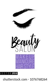 Contrast female closed eye with text label: beauty salon. Fashion banner for makeup salon, beauty store. Promo background for makeup artist, beauty stylist, fashion blog. Cosmetic concept.