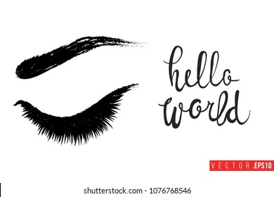 Contrast female closed eye with text label: hello world. Fashion banner for makeup salon, beauty store. Promo background for makeup artist, beauty stylist, fashion blog. Cosmetic concept.