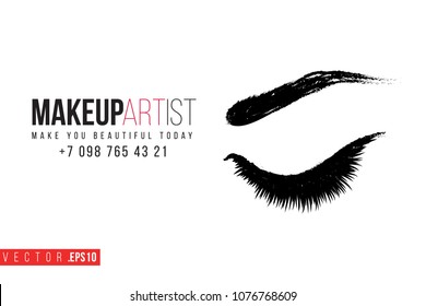Contrast female closed eye with text label: makeup artist. Fashion banner for makeup salon, beauty store. Promo background for makeup artist, beauty stylist, fashion blog. Cosmetic concept.