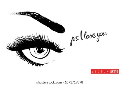 Contrast female opened eye with text label: ps i love you. Fashion banner for makeup salon, beauty store. Promo background for makeup artist, beauty stylist, fashion blog. Cosmetic concept.