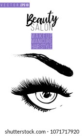 Contrast female opened eye with text label: beauty salon. Fashion banner for makeup salon, beauty store. Promo background for makeup artist, beauty stylist, fashion blog. Cosmetic concept.