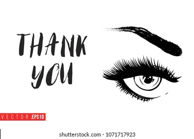 Contrast female opened eye with text label: thank you. Fashion banner for makeup salon, beauty store. Promo background for makeup artist, beauty stylist, fashion blog. Cosmetic concept.