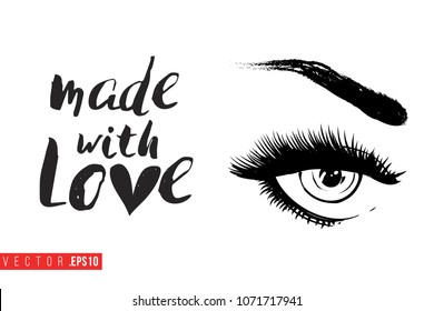Contrast female opened eye with text label: made with love. Fashion banner for makeup salon, beauty store. Promo background for makeup artist, beauty stylist, fashion blog. Cosmetic concept.