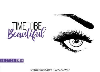 Contrast female opened eye with text label: time to be beautiful. Fashion banner for makeup salon, beauty store. Promo background for makeup artist, beauty stylist, fashion blog. Cosmetic concept.
