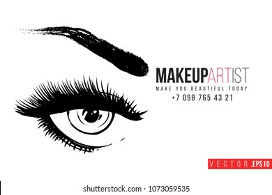 Contrast female opened eye with text label: makeup artist. Fashion banner for makeup salon, beauty store. Promo background for makeup artist, beauty stylist, fashion blog. Cosmetic concept.