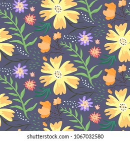 Contrast floral summer seamless pattern with orange, red and violet flowers. Cute cartoon hand drawn texture with blossoms, leaves, waterdrops for textile, wrapping paper, print design, surface