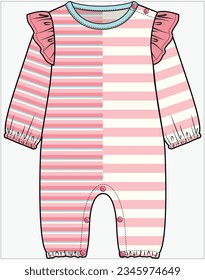 CONTRAST FRILL STRIPER JUMPSUIT, PLAYSUIT, ROMPER, ONESIES DESIGN FOR BABIES, INFANT GIRL AND TODDLER GIRLS IN VECTOR ILLUSTRATION