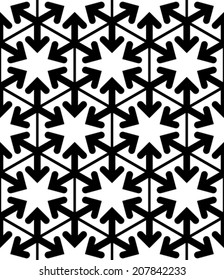 Contrast geometric seamless pattern with symmetric ornament. Hexagon graphic contemporary background. Arrows and triangles black and white continuous backdrop.
