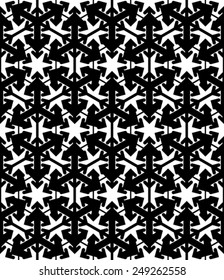 Contrast geometric seamless pattern with symmetric ornament. Hexagon graphic contemporary background. Arrows and triangles saturated black and white continuous backdrop.