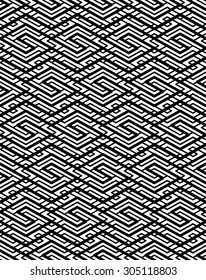 Kontrast geometrisches nahtloses Muster mit symmetrischem Ornament. Gestrichen vermitteln einen grafischen zeitgenössischen Hintergrund. Unendlicher schwarz-weißer Hintergrund.