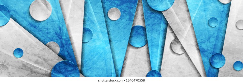 Contrast grey blue stripes and circles. Abstract grunge tech graphic banner design. Old wall concrete texture. Vector corporate background