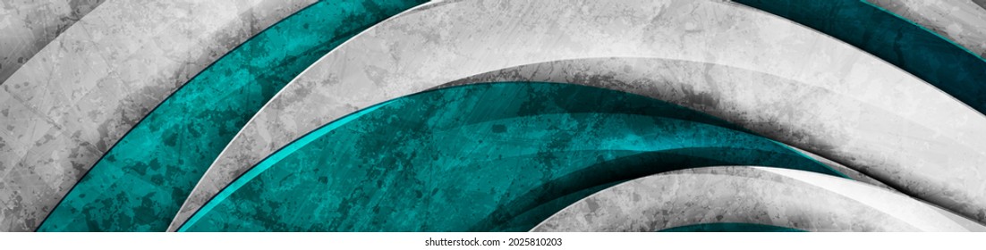 Contrast grey and turquoise glossy waves abstract corporate background with grunge texture. Vector banner design template