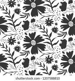 Contrast hand drawn black and white floral seamless pattern. Cute cartoon texture with silhouettes of blossoms, leaves, waterdrops for textile, wrapping paper, print design, surface