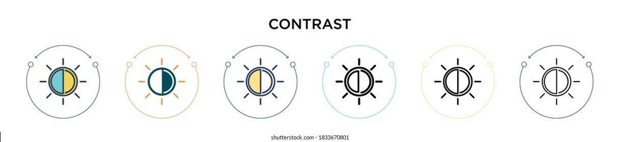 Icono de contraste en el estilo relleno, delgado, contorno y trazo. Ilustración vectorial de dos iconos vectoriales de contraste de color y negro se puede utilizar para móviles, ui, web