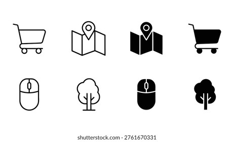 Contrast icons representing shopping, navigation, computing, and nature themes