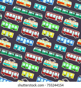 Contrast kids pattern with colorful cartoon flat city transport on dark background. Cute children texture with bus, tram, trolley and underground for textile, wrapping paper, wallpaper, cover, package