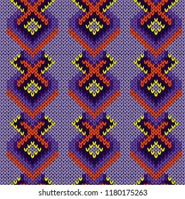 Contrast knit seamless pattern with interwoven lines in purple, orange and yellow hues, vector as a fabric texture 