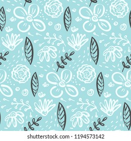 Contrast linear doodle floral seamless pattern with white flowers and contrast dark leaves on blue. Tender blue spring hand drawn texture for textile, wrapping paper, cover, surface, wallpaper
