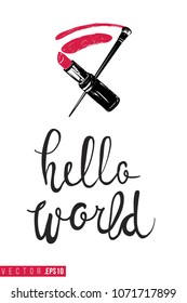 Contrast lipstick smear and brush with text label: hello world. Fashion banner for makeup salon, beauty store. Promo background for makeup artist, beauty stylist, fashion blog. Cosmetic concept.