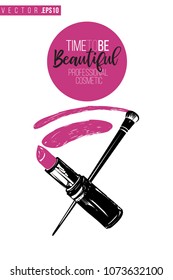 Contrast lipstick smear and brush with text label: time to be beautiful. Fashion banner for makeup salon, beauty store. Promo background for makeup artist, beauty stylist, fashion blog.