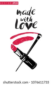 Contrast lipstick smear and brush with text label: made with love. Fashion banner for makeup salon, beauty store. Promo background for makeup artist, beauty stylist, fashion blog. Cosmetic concept.
