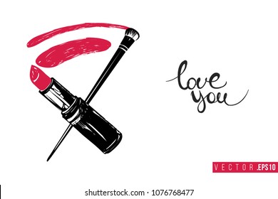 Contrast lipstick smear and brush with text label: love you. Fashion banner for makeup salon, beauty store. Promo background for makeup artist, beauty stylist, fashion blog. Cosmetic concept.