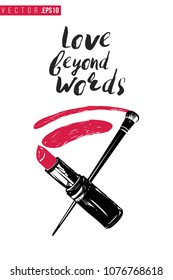 Contrast lipstick smear and brush with text label: love beyond words. Fashion banner for makeup salon, beauty store. Promo background for makeup artist, beauty stylist, fashion blog. Cosmetic concept.