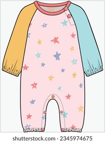 CONTRAST LONG SLEEVES  COLOR BLOCK JUMPSUIT, PLAYSUIT, ROMPER, ONESIES DESIGN FOR BABIES, INFANT GIRL AND TODDLER GIRLS IN VECTOR ILLUSTRATION