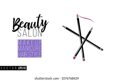 Contrast makeup pencils with text label: beauty salon. Fashion banner for makeup salon, beauty store. Promo background for makeup artist, beauty stylist, fashion blog. Cosmetic concept.