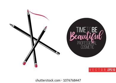 Contrast makeup pencils with text label: time to be beautiful. Fashion banner for makeup salon, beauty store. Promo background for makeup artist, beauty stylist, fashion blog. Cosmetic concept.