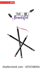 Contrast makeup pencils with text label: time to be beautiful. Fashion banner for makeup salon, beauty store. Promo background for makeup artist, beauty stylist, fashion blog. Cosmetic concept.