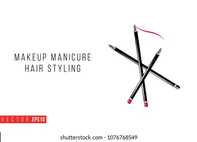 Contrast makeup pencils with text label: makeup manicure hair styling. Fashion banner for makeup salon, beauty store. Promo background for makeup artist, beauty stylist, fashion blog.