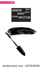 Contrast mascara wand with text label: manicure makeup hair styling. Fashion banner for makeup salon, beauty store. Promo background for makeup artist, beauty stylist, fashion blog. Cosmetic concept.