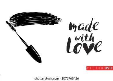 Contrast mascara wand with text label: made with love. Fashion banner for makeup salon, beauty store. Promo background for makeup artist, beauty stylist, fashion blog. Cosmetic concept.