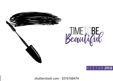 Contrast mascara wand with text label: time to be beautiful. Fashion banner for makeup salon, beauty store. Promo background for makeup artist, beauty stylist, fashion blog. Cosmetic concept.