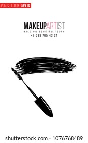 Contrast mascara wand with text label: makeup artist. Fashion banner for makeup salon, beauty store. Promo background for makeup artist, beauty stylist, fashion blog. Cosmetic concept.