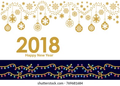 Contrast Merry Christmas and Happy New Year card. Golden snowflakes and festive garlands on white black background.