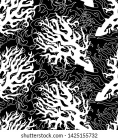 Contrast monochrome rhythmic seamless pattern with sea corals in doodle style. Sea bottom vector illustration for printing, fabric, textile, manufacturing, wallpapers, wrapping paper.