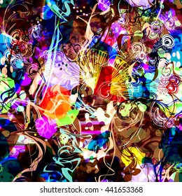 Contrast multicolored pattern of shapeless spot and wavy lines. Abstract vector seamless background