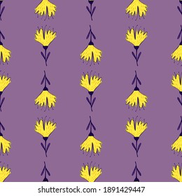 Contrast nature seamless pattern with yellow bright flower elements. Purple background. Stock illustration. Vector design for textile, fabric, giftwrap, wallpapers.
