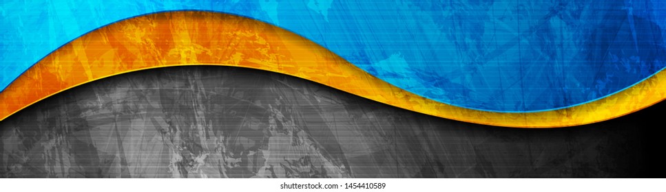 Contrast orange and blue curved waves. Abstract grunge wavy banner design. Old wall concrete texture. Vector corporate background