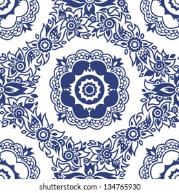 Contrast ornamental round pattern with flowers, leaves and drops.
