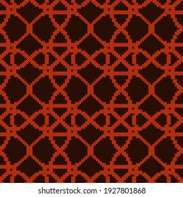 Contrast ornate seamless knitted vector pattern as a fabric texture in brown and orange colors
