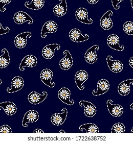 Contrast paisley print with chamomoles. Seamless pattern with small flowers. Retro textile collection. Template for dresses, scarves, cards and gift wrappings.
