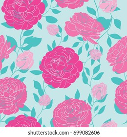 Contrast pink rose on blue seamless texture