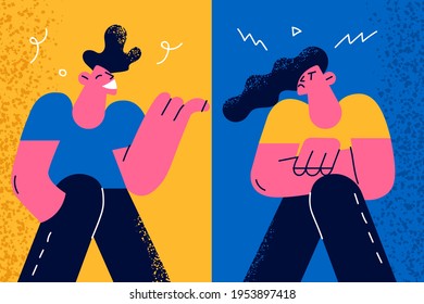 Contrast positive and negative emotions and feelings concept. Pleased young guy having fun pointing thumb at irritated angry girlfriend expressing negative emotions vector illustration 