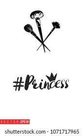 Contrast powder brushes with text label: princess hashtag. Fashion banner for makeup salon, beauty store. Promo background for makeup artist, beauty stylist, fashion blog. Cosmetic concept.